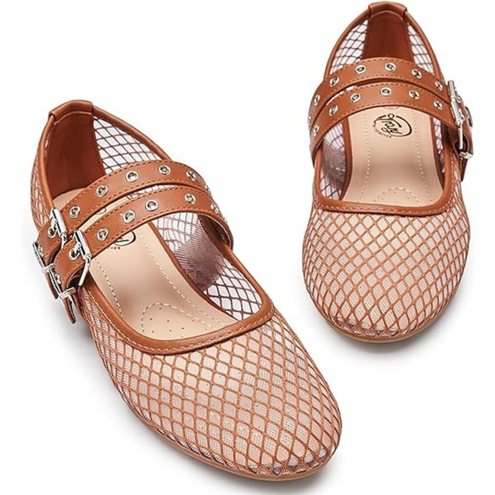 Trary Tan Mesh Mary Jane Flats with Buckle Straps - Picture 3 of 6